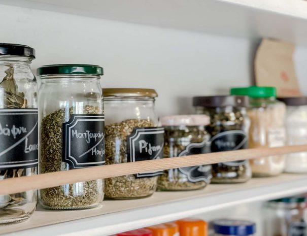 Selection of herbs and spices in the fully equipped kitchen